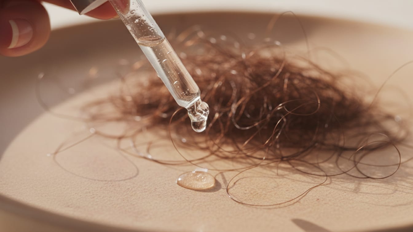 Illustration: A glass dropper with a serum drop above blurred dark beard hairs on a beige ceramic surface.