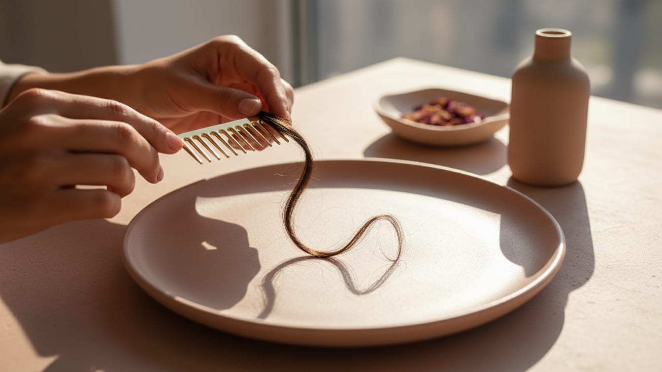 Illustration: A dark hair strand on a rose-beige ceramic surface with soft morning light.