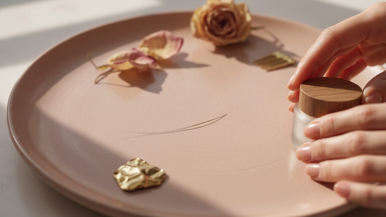 Illustration: A delicate mouse whisker on a rose-beige ceramic surface, lit by morning light.