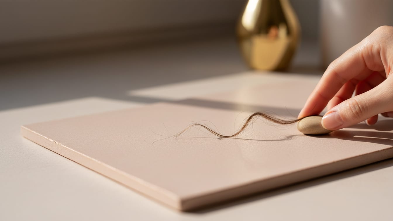 Illustration: A single dark hair strand rests on a warm rose-beige ceramic tile, lit by natural light.
