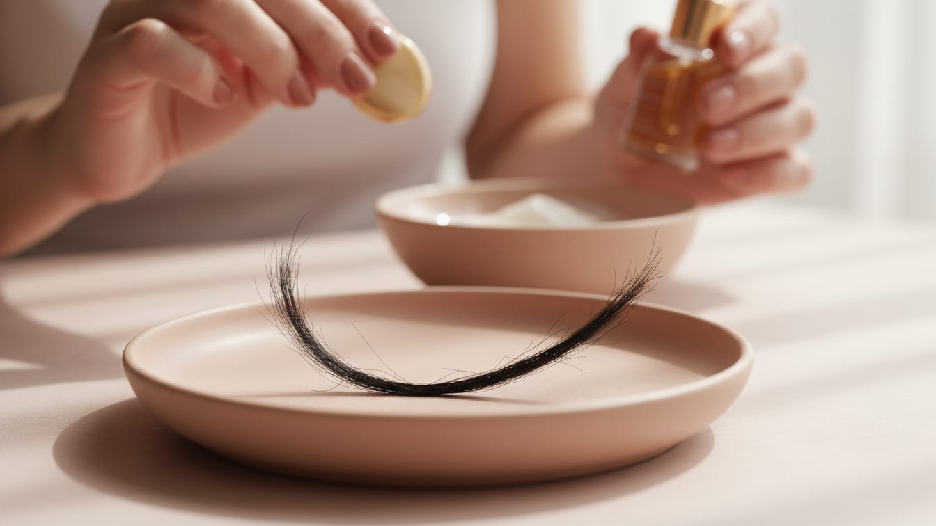 Illustration: A single dark hair strand on a rose-beige ceramic surface, lit by soft natural light.