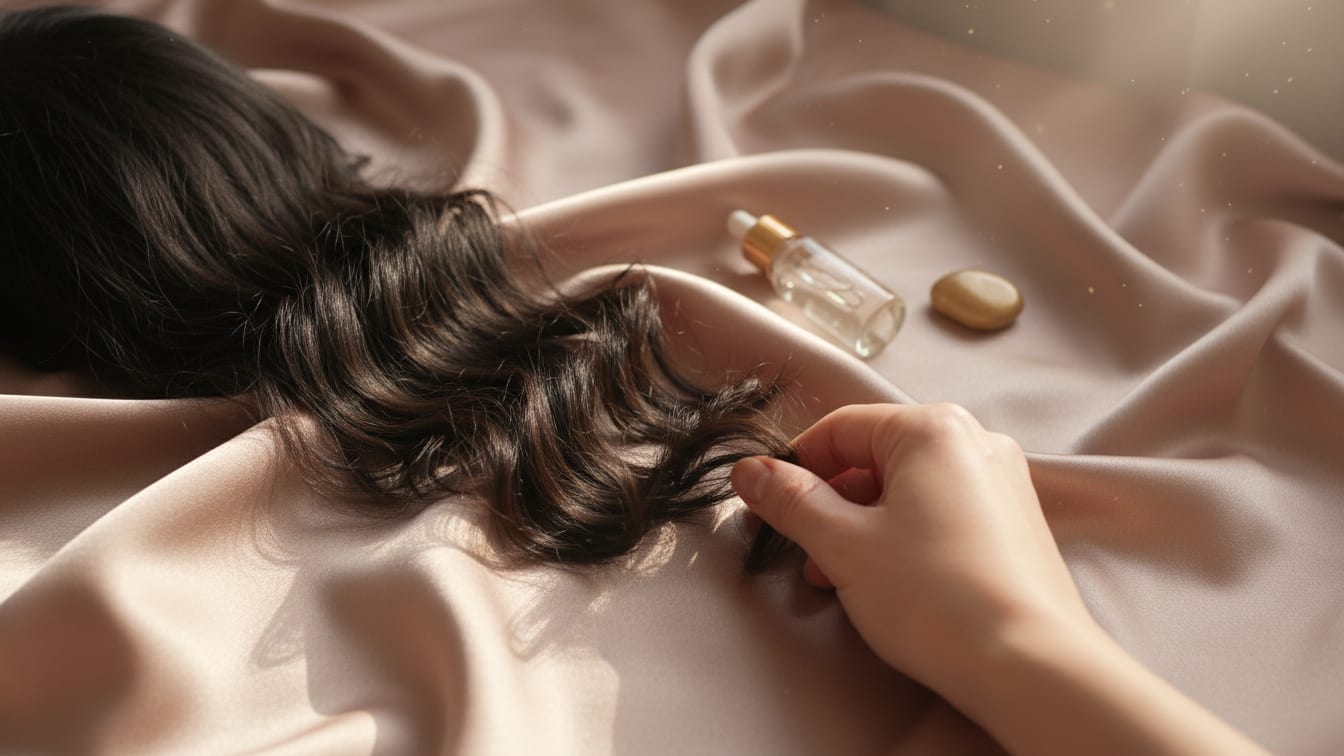 Illustration: Dark hair strands on rose-beige silk fabric, illuminated by soft natural light.