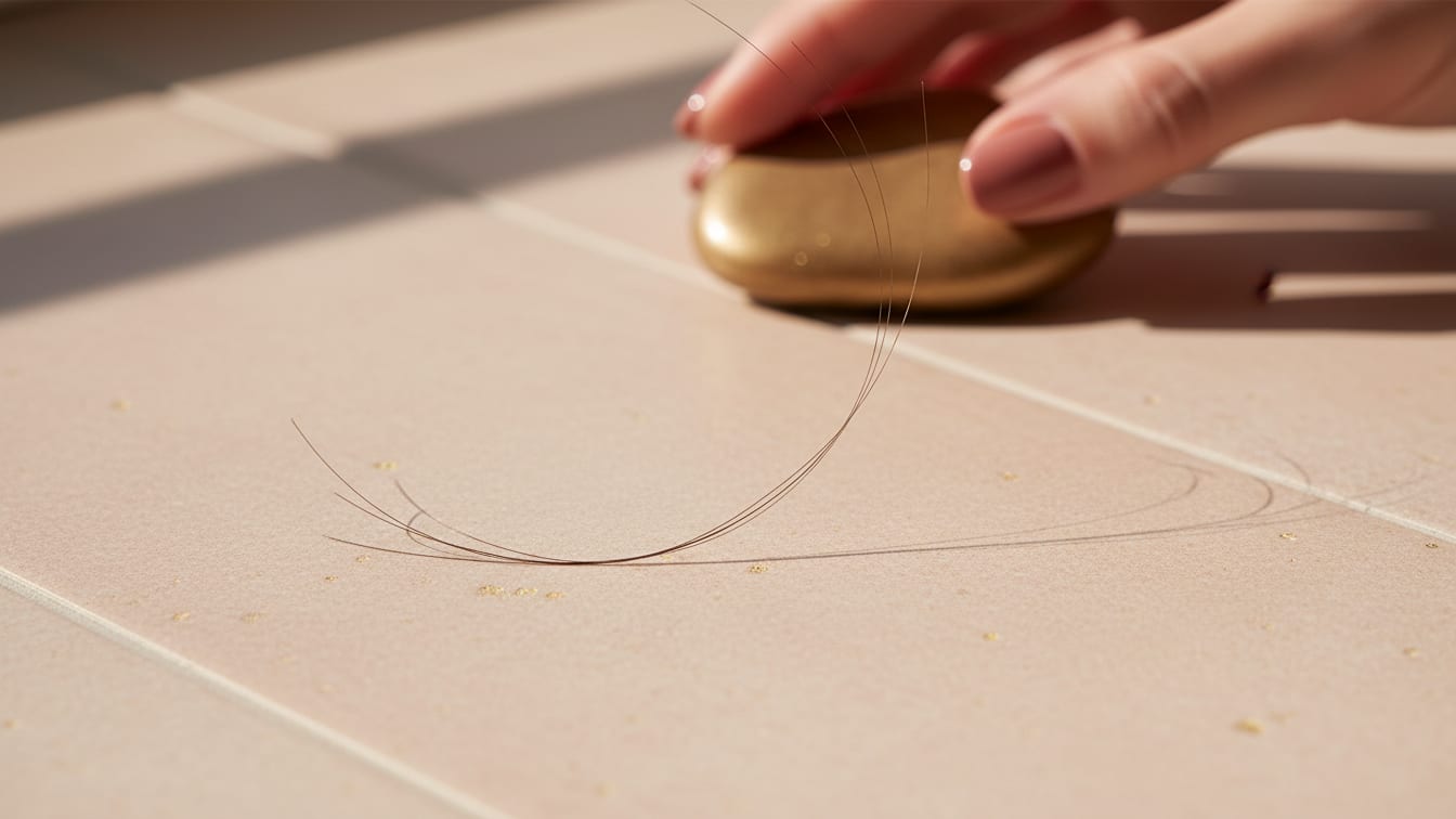 Illustration: A magnified single strand of dark hair on a warm beige ceramic tile, lit by natural light.