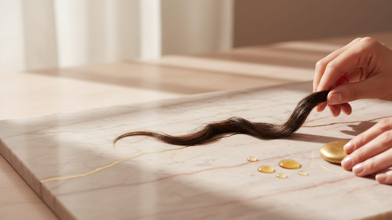 Illustration: A single dark hair strand on a cool marble surface, bathed in soft, warm natural light.