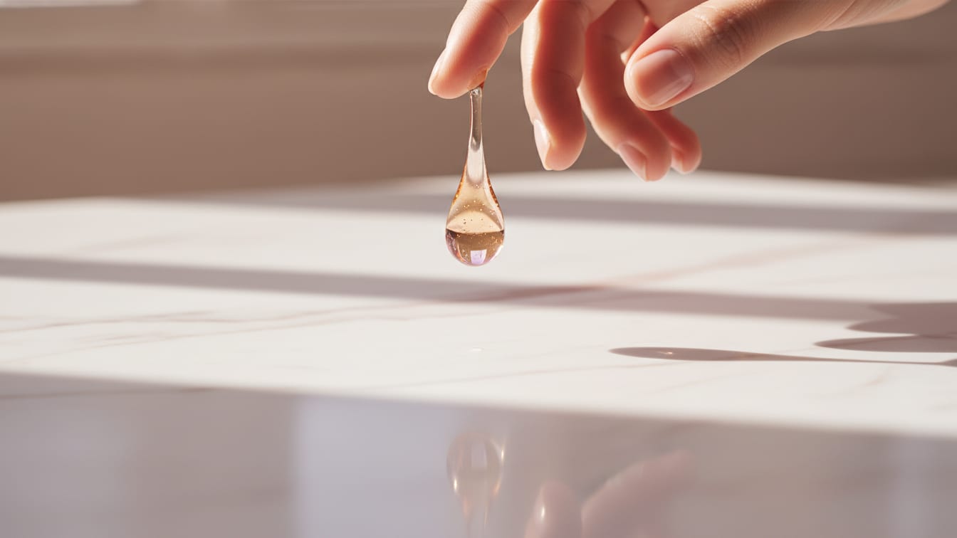 Illustration: A clear serum drop, with a golden gleam, hovers above a smooth marble surface in soft light.