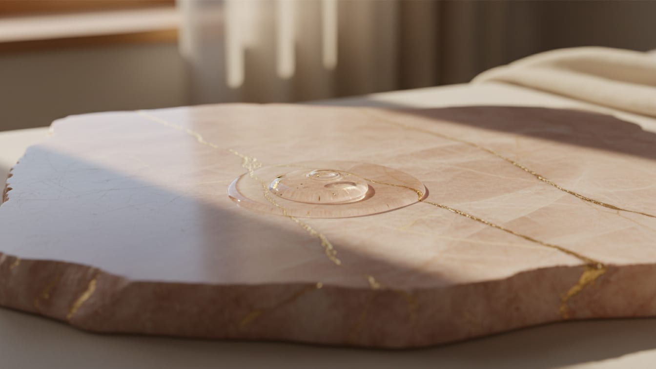 Illustration: A clear droplet resting on a veined pink stone slab in low sunlight.