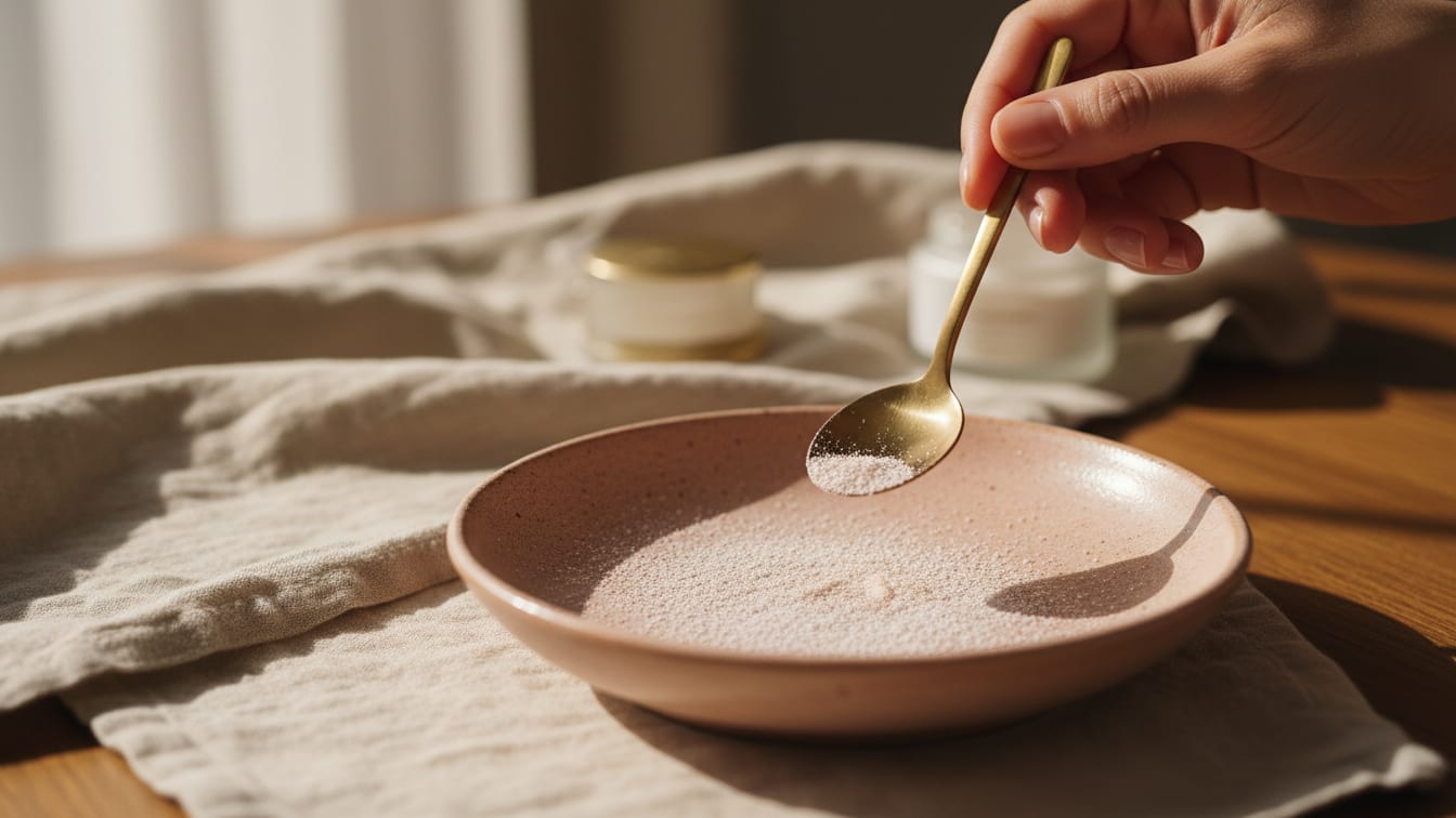 Illustration: Fine powder particles on a warm rose-beige ceramic surface in soft morning light.