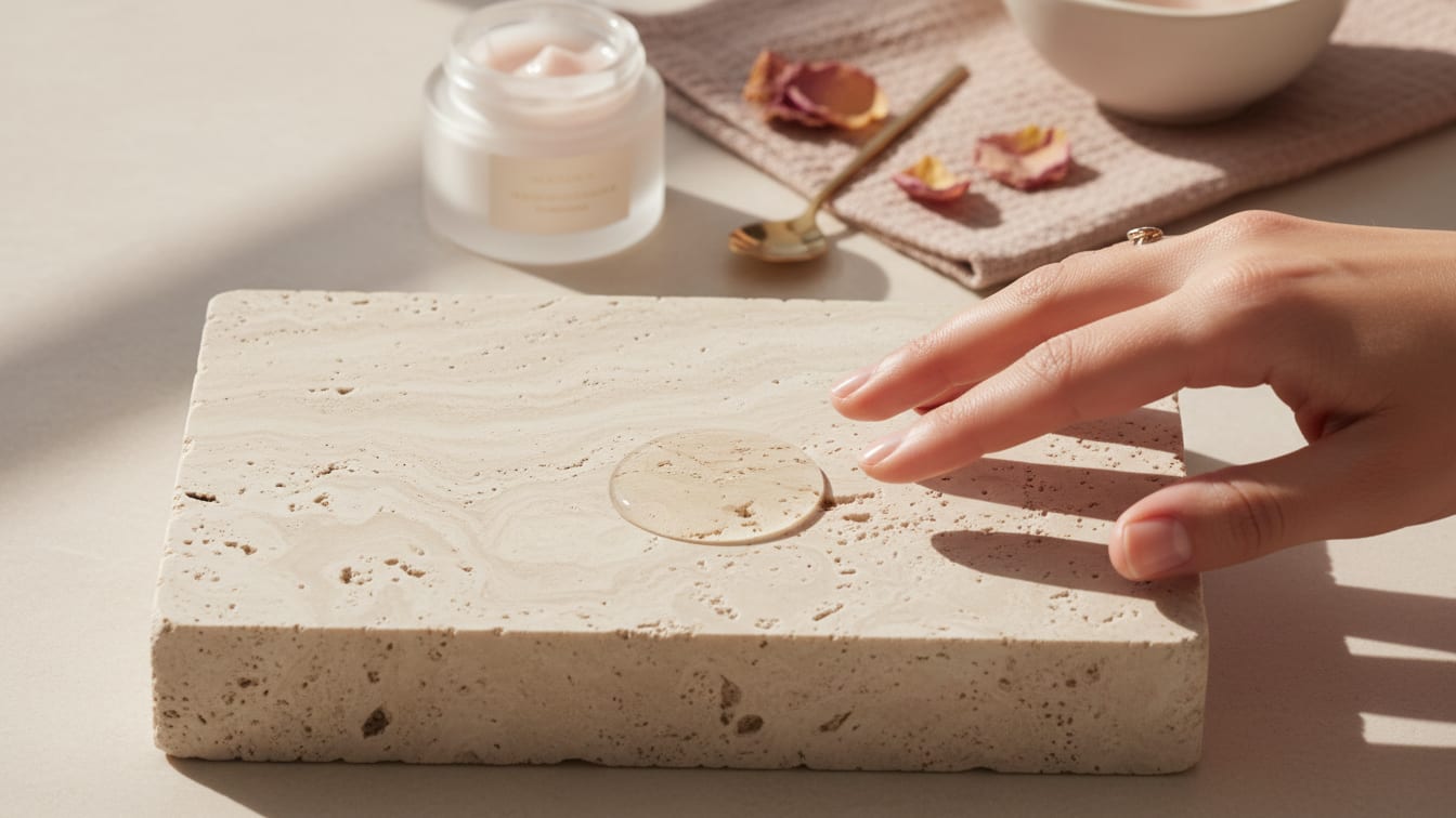 Illustration: A clear liquid drop spreading on a warm beige stone surface, lit by soft natural light.