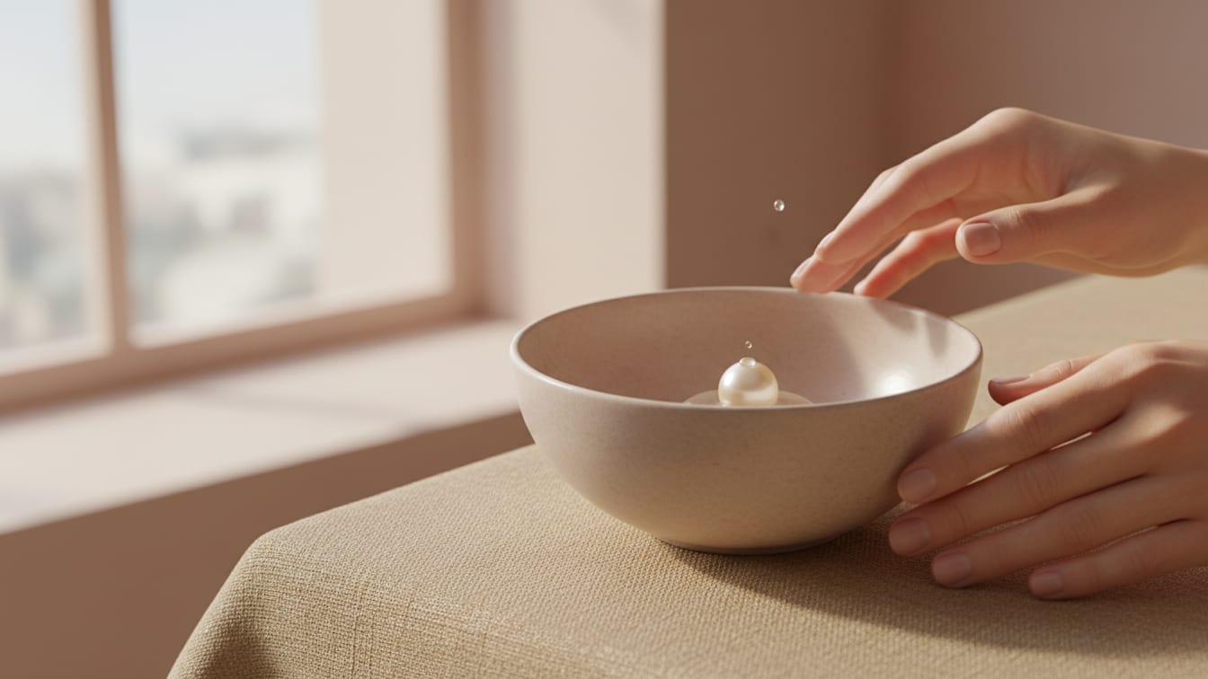 Illustration: A hand rests beside a rose-beige ceramic bowl holding a single pearl, in soft window light.