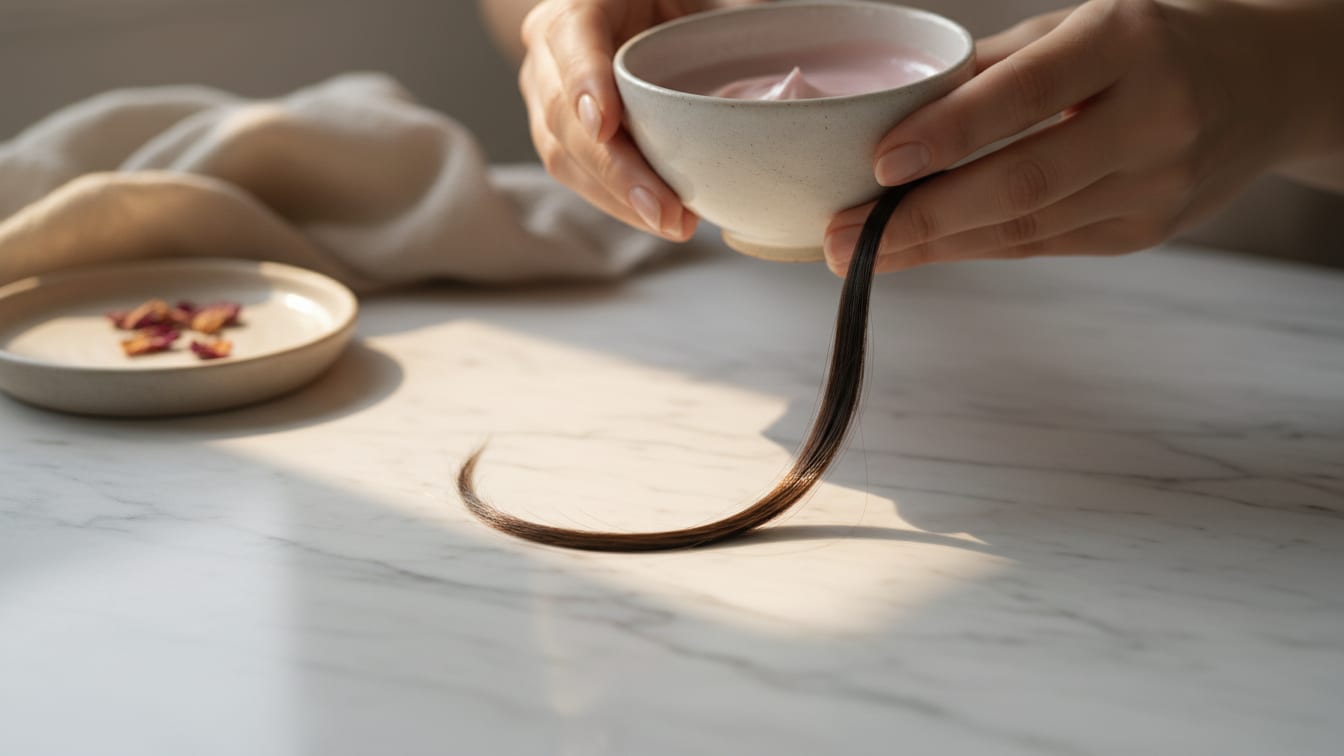 Illustration: A single dark hair strand on a cool marble surface, bathed in soft, warm natural light.