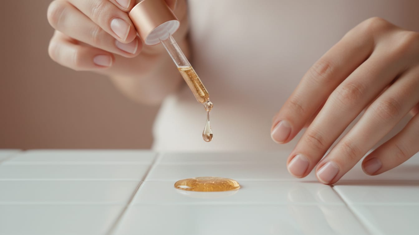 Illustration: A clear, viscous liquid drop with a golden glint hovers above a smooth ceramic tile.