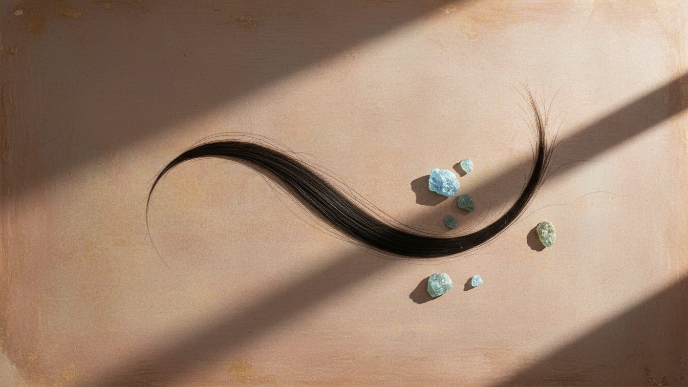 Illustration: A dark hair strand and small blue-green crystals on a copper-toned ceramic tile.