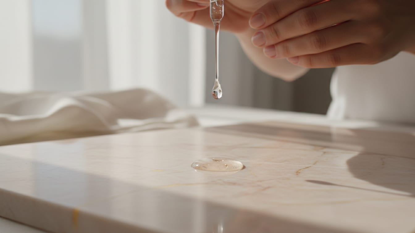 Illustration: A clear serum drop suspended above a smooth marble surface, illuminated by soft natural light, showcasing.