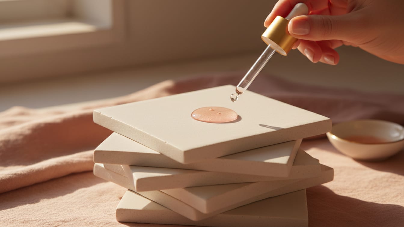 Illustration: A clear liquid drop on a stack of five unbranded ceramic tiles under soft morning light.