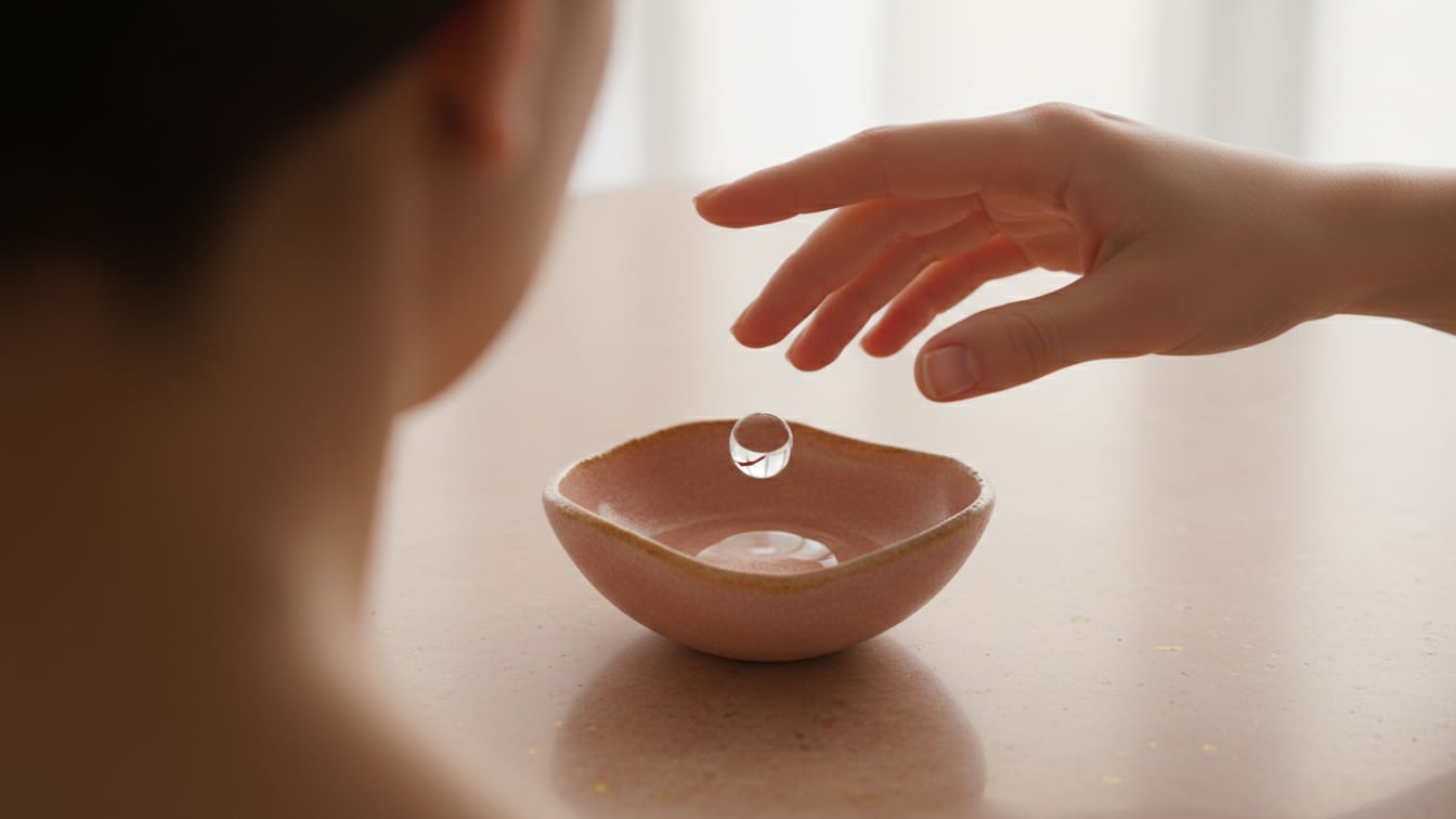 Illustration: A single water droplet in a ceramic bowl on a rose-beige surface, reflecting morning light.
