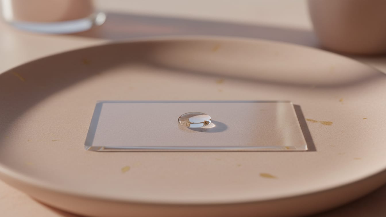 Illustration: A clear liquid droplet on a glass slide, resting on a rose-beige ceramic surface.