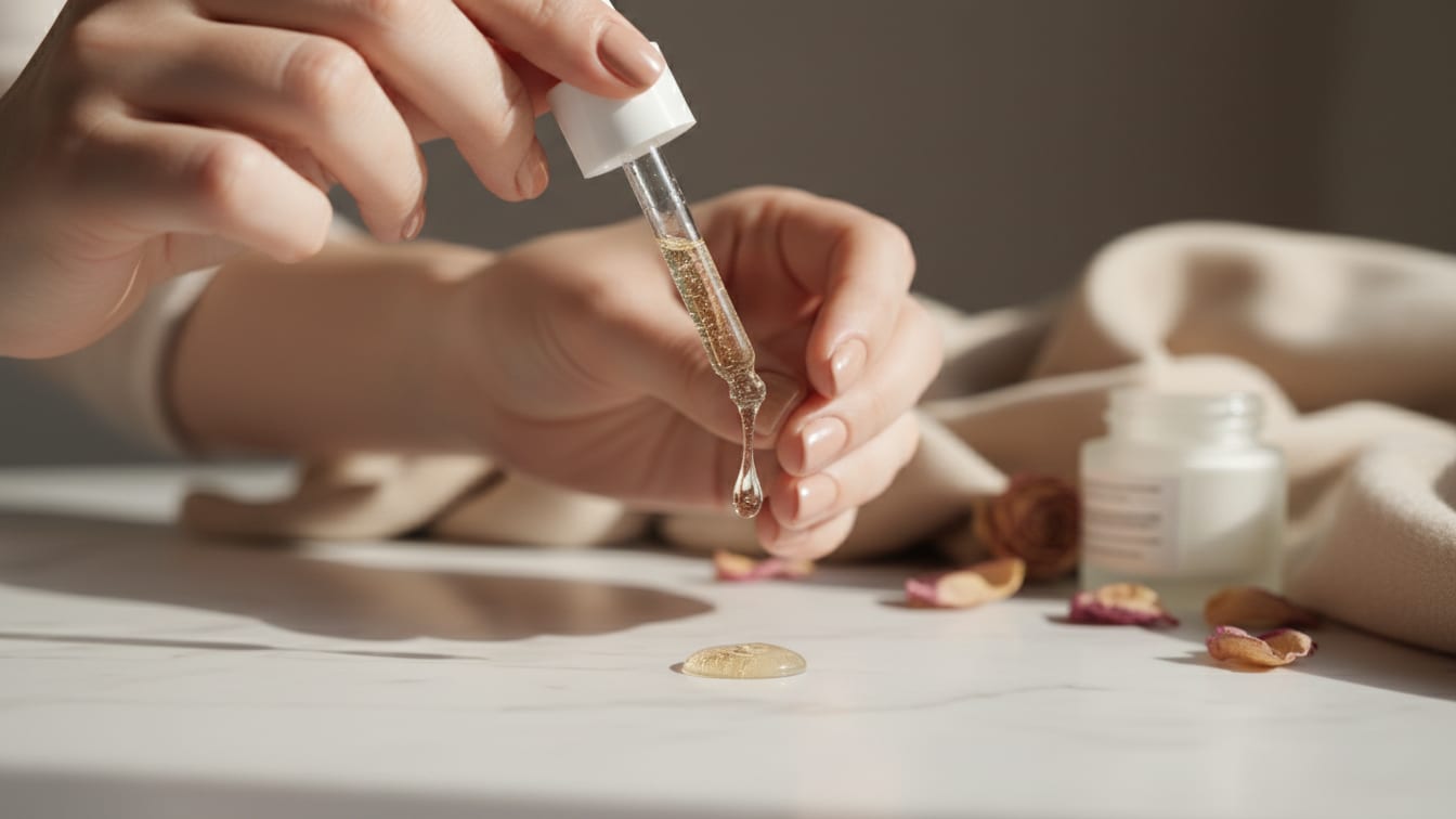 Illustration: A golden-hued serum drop suspended above a marble surface in soft morning light.