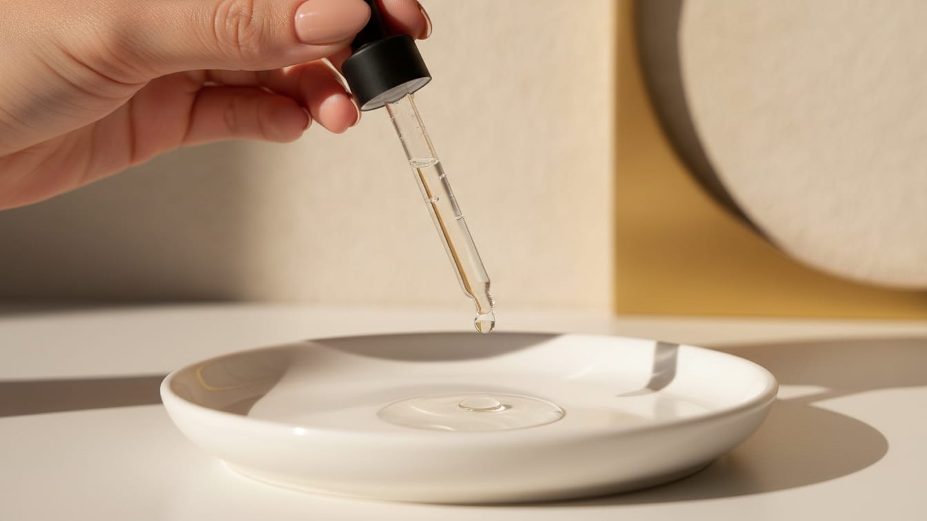 Illustration: A hand holds a pipette dispensing a clear liquid drop onto a white ceramic surface.
