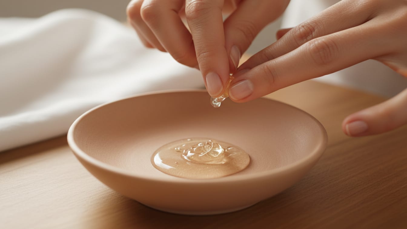 Illustration: Viscous, translucent gel in a warm rose-beige ceramic dish, lit by soft morning light.