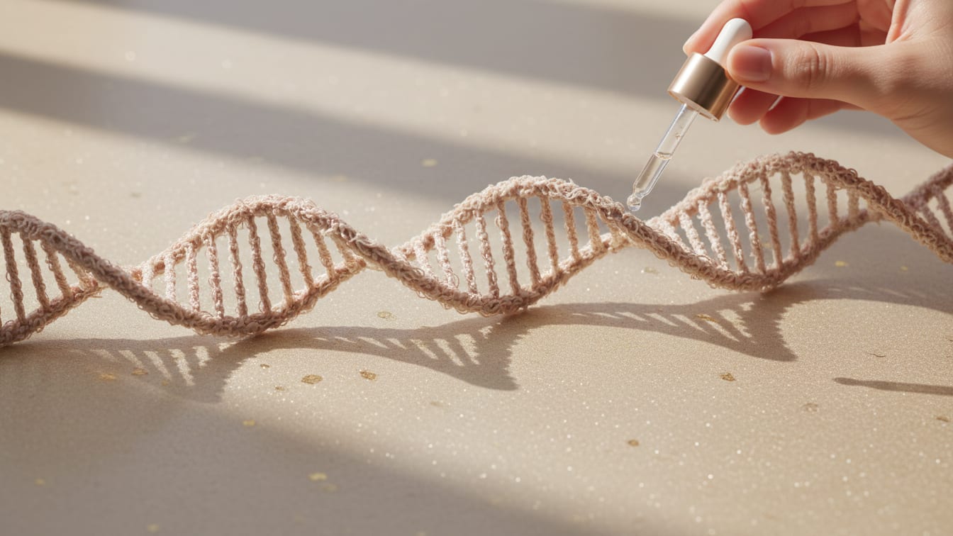 Illustration: A magnified view of intertwined beige and rose threads on a gold-flecked surface.