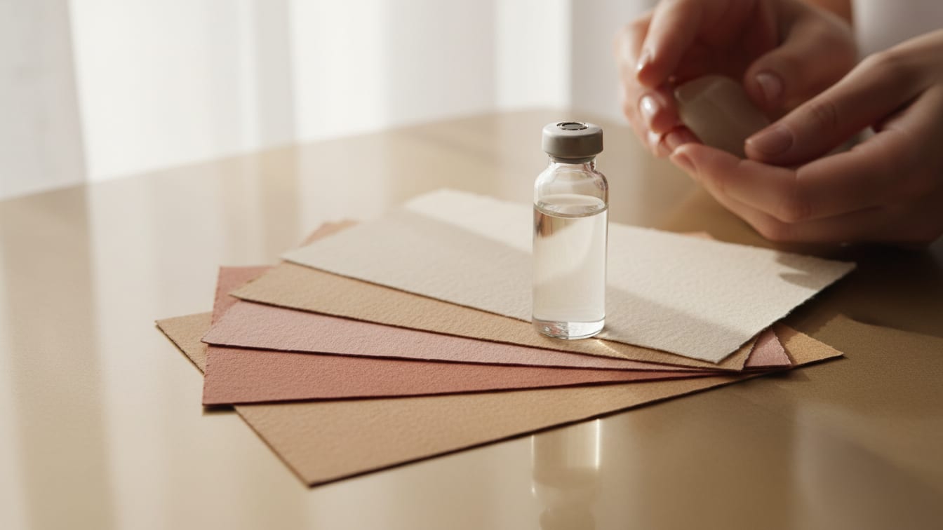 Illustration: A glass vial with clear liquid and five beige paper swatches on a gold-accented surface.
