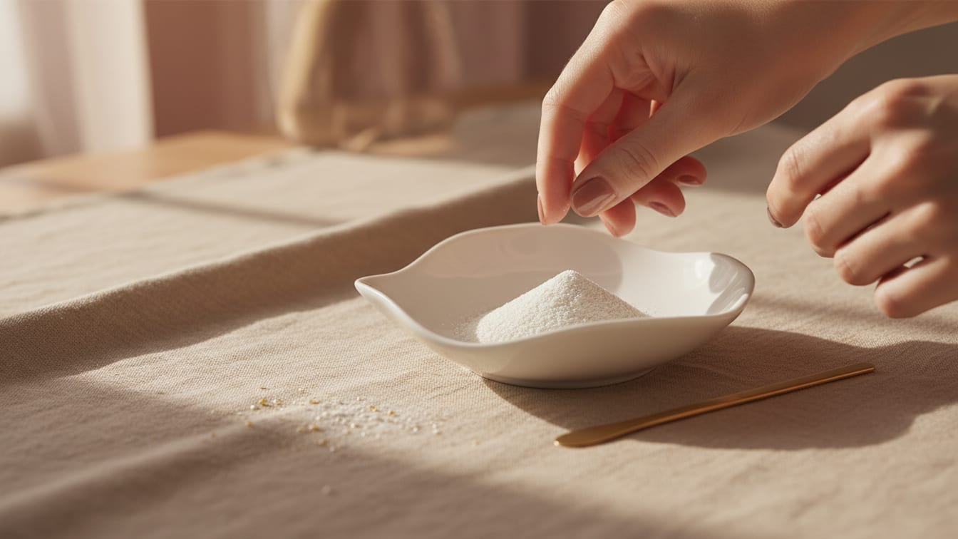 Illustration: A small pile of white pearlescent powder in a ceramic dish on a beige linen surface.