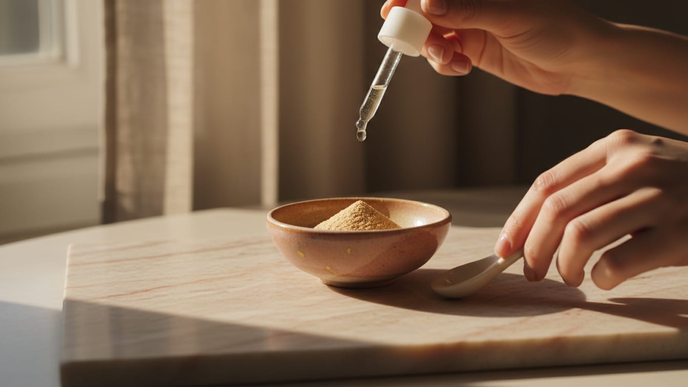 Illustration: Golden peptide powder in a ceramic bowl with a hovering liquid droplet on a marble surface.