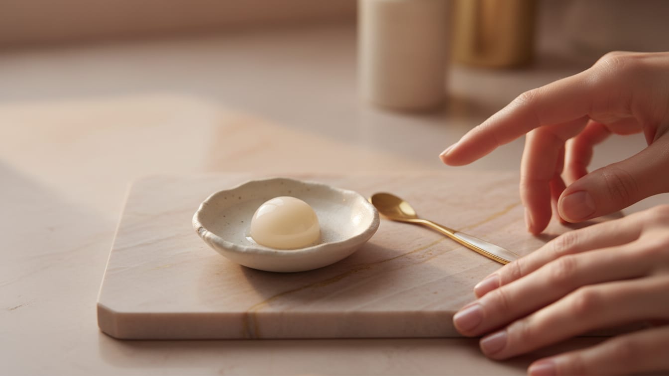 Illustration: A pearl-like bead of cream in a small ceramic dish on marble, a gold spoon beside it and a hand at the edge of the frame.