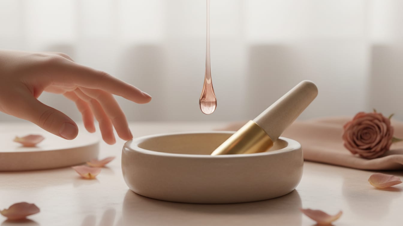Illustration: A clear liquid drop suspended over a beige marble mortar, with a gold-tipped pestle.