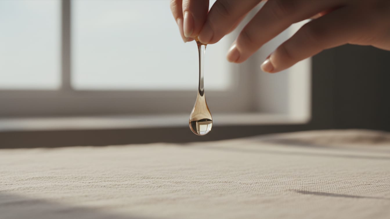 Illustration: A golden serum drop hovers above textured beige linen, illuminated by soft morning light.