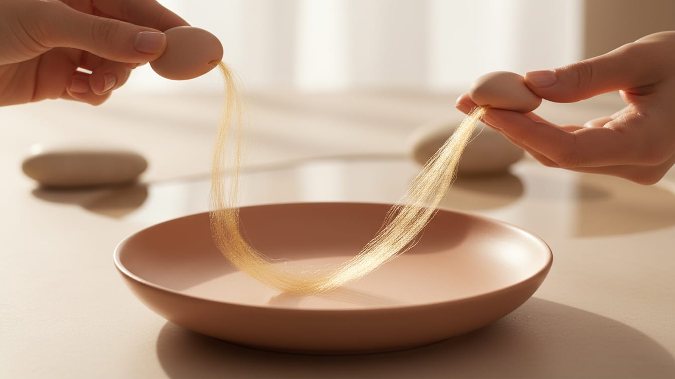 Illustration: A golden silk fiber strand unfurls onto a warm rose-beige ceramic surface, in soft morning light.