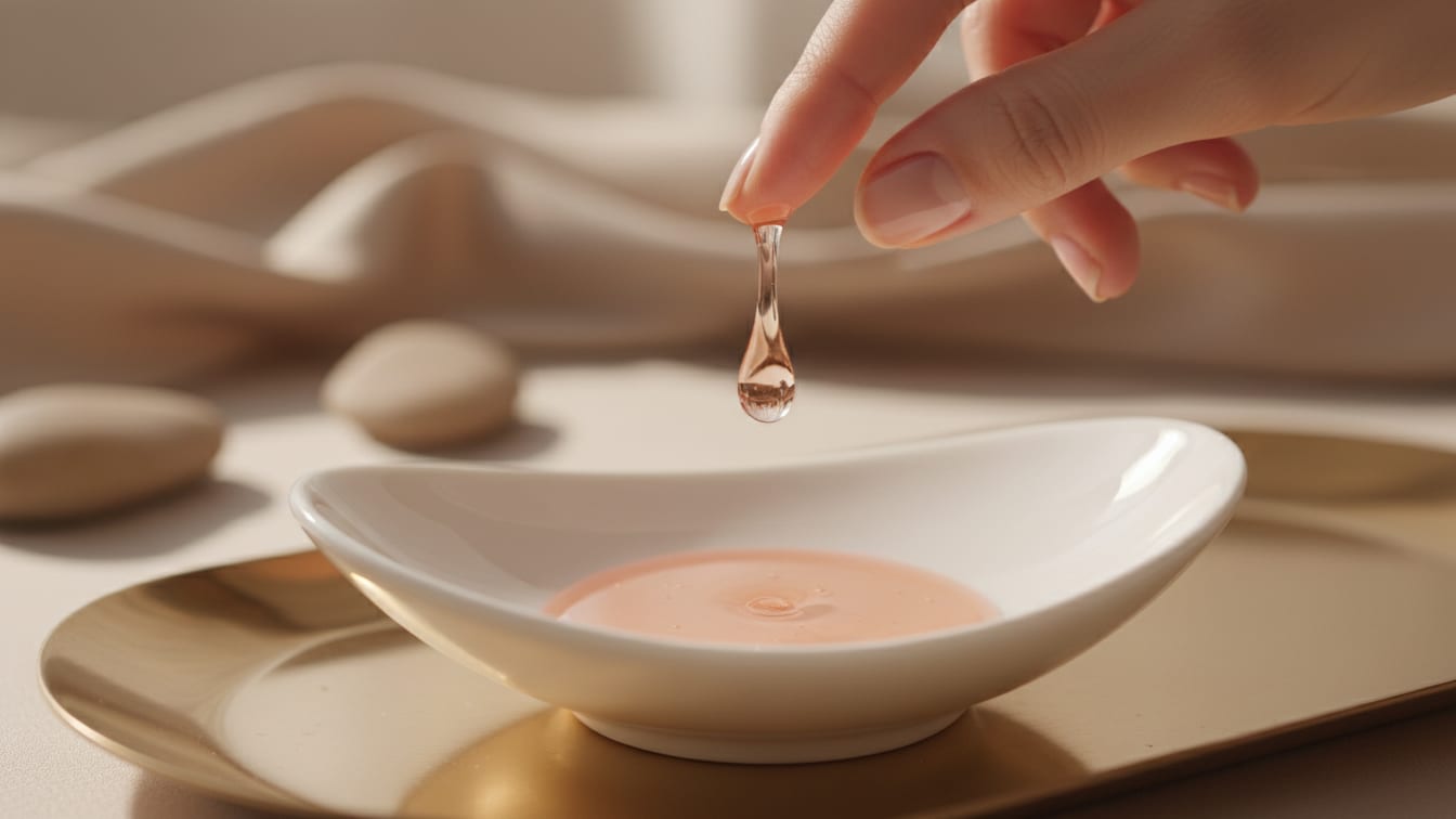 Illustration: A single drop of translucent serum hovers above a pristine white ceramic dish, bathed in soft, warm light.