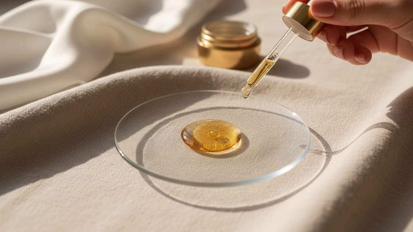 Illustration: A single drop of viscous liquid in a glass dish, reflecting soft, warm natural light.