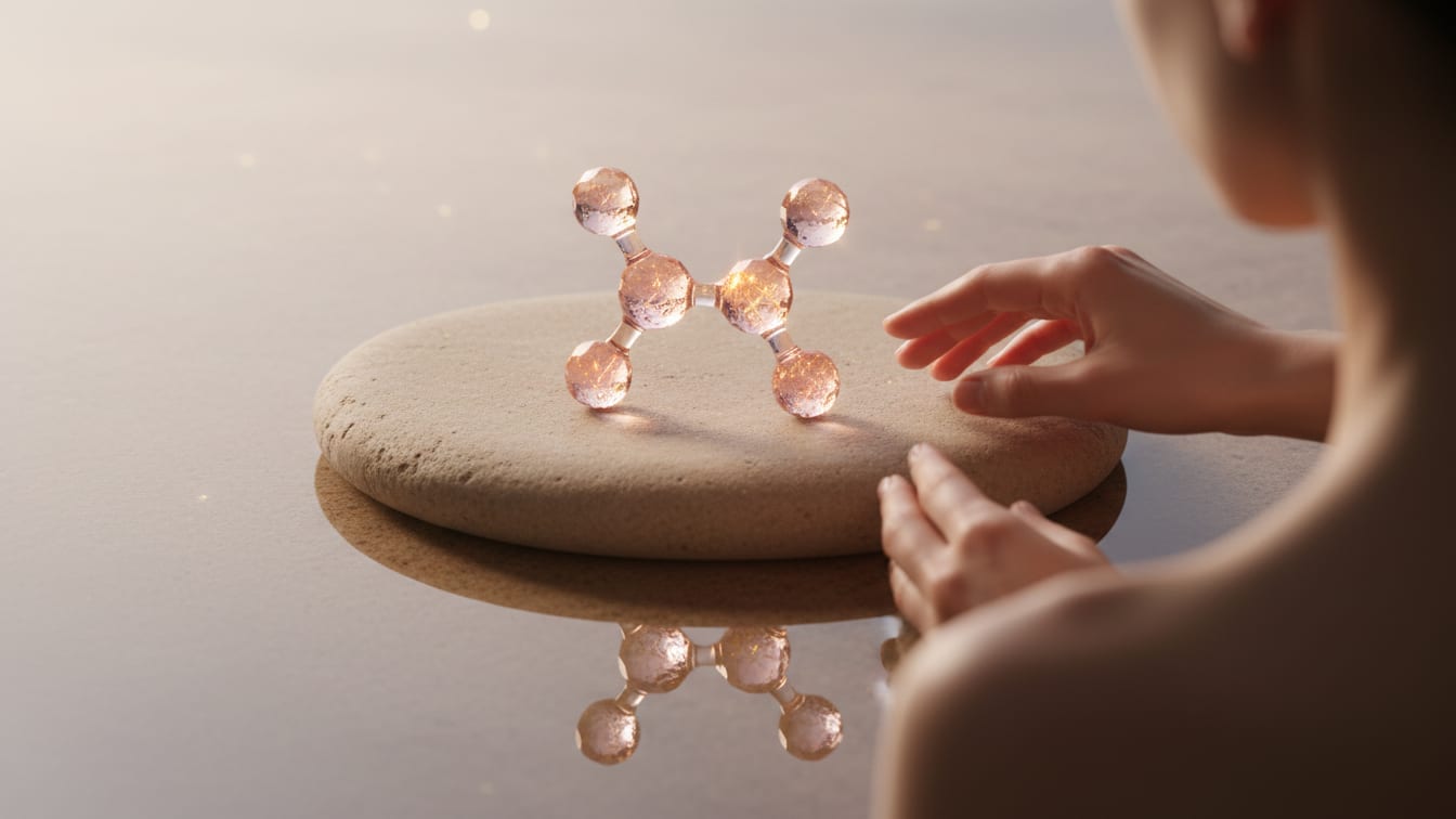 Illustration: A glass ball-and-stick molecular model on a beige stone, reflected in still water.