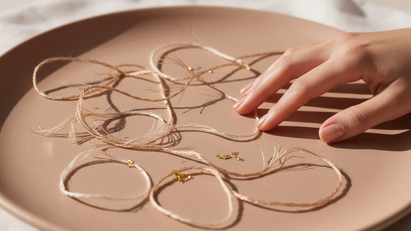 Illustration: Intertwined beige threads on a rose-beige ceramic surface, resembling peptide chains.