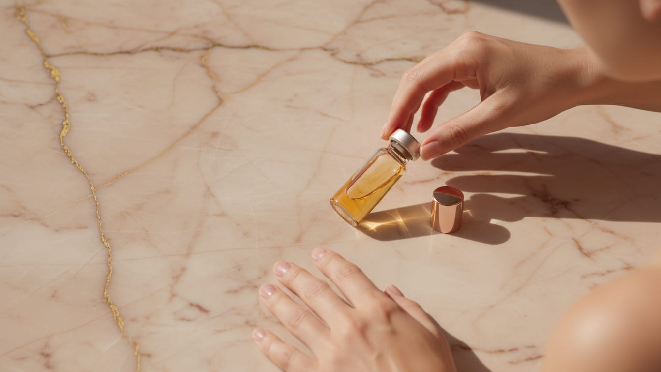 Illustration: A clear glass vial with a translucent liquid lies on a marble surface in soft morning light.