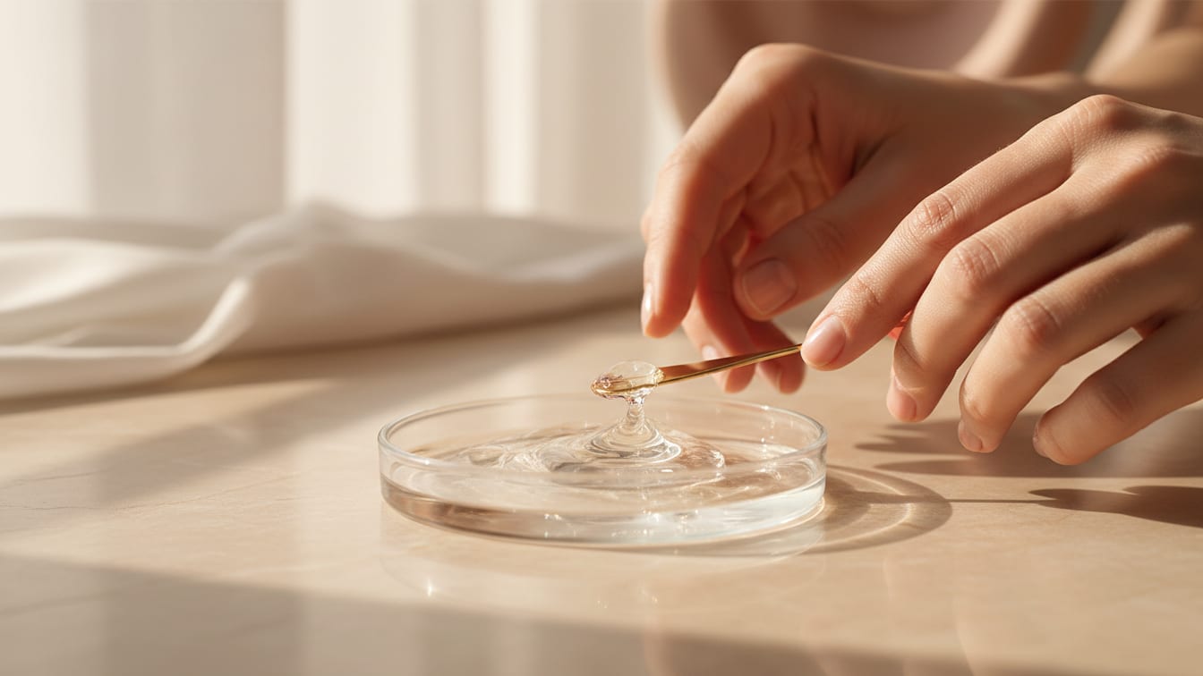 Illustration: A clear, viscous gel in a glass petri dish on beige marble, illuminated by soft, natural light.