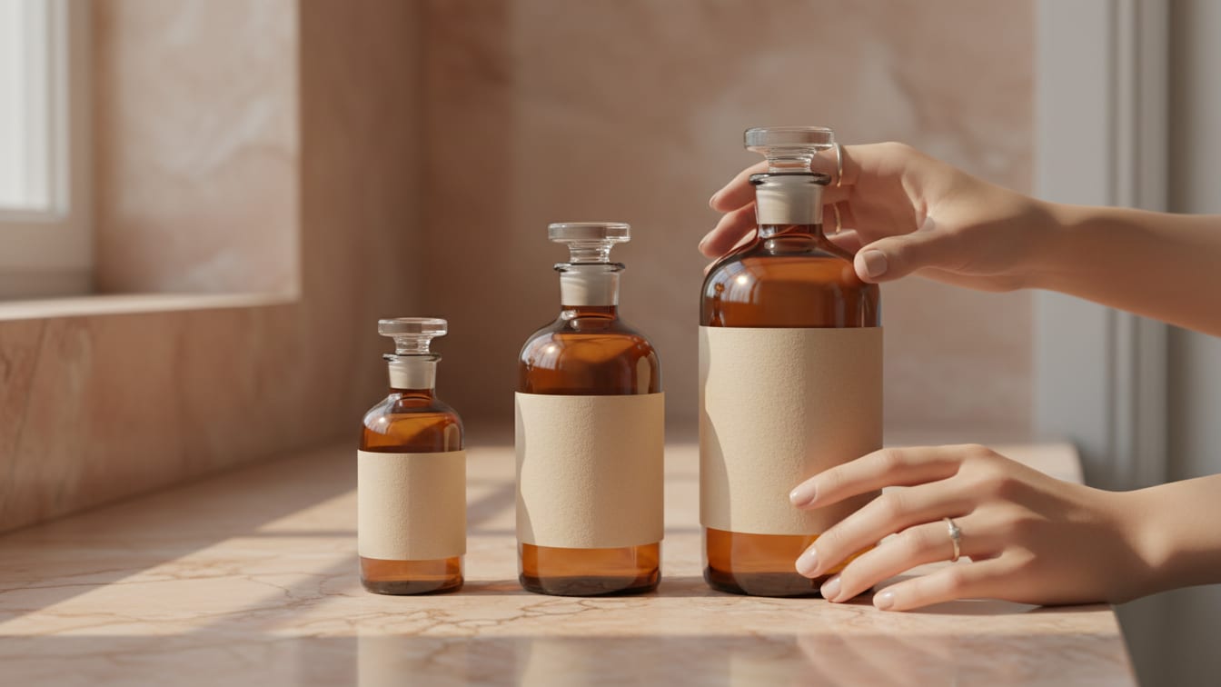 Illustration: Three unbranded amber bottles with blank beige labels on a warm rose marble counter in morning light.