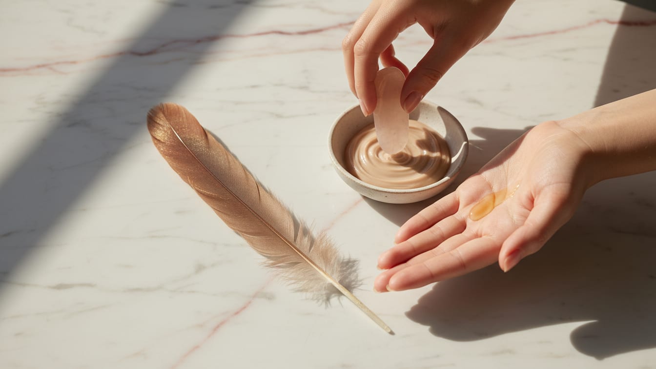 Illustration: A delicate brown feather rests on a cool marble surface, illuminated by soft.