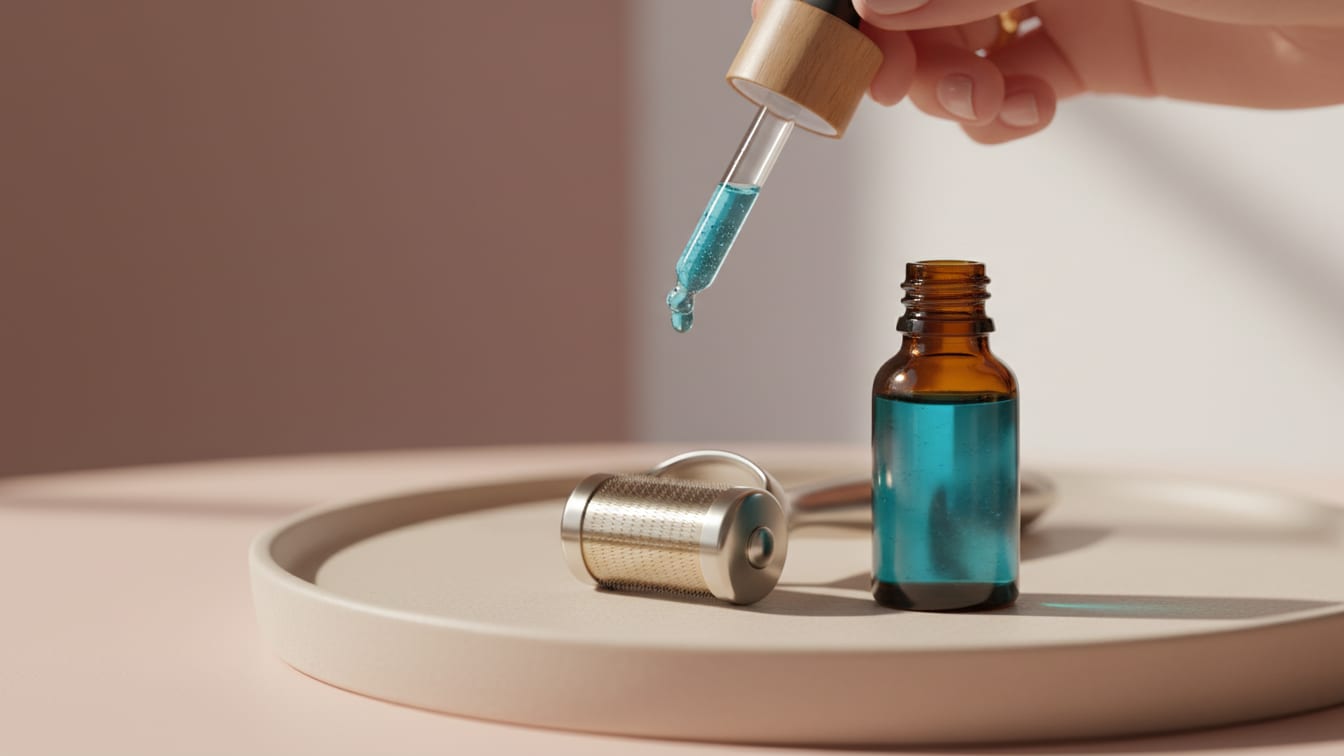 Illustration: A microneedling device and an unbranded amber dropper bottle with blue serum on a beige ceramic surface.