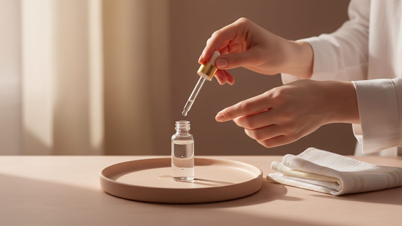 Illustration: A small, clear glass vial stands on a warm rose-beige ceramic surface in soft morning light.