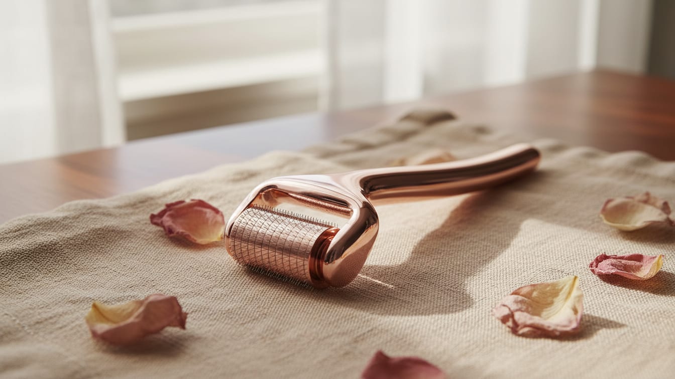 Illustration: A microneedling device with rose gold details rests on a beige linen cloth.