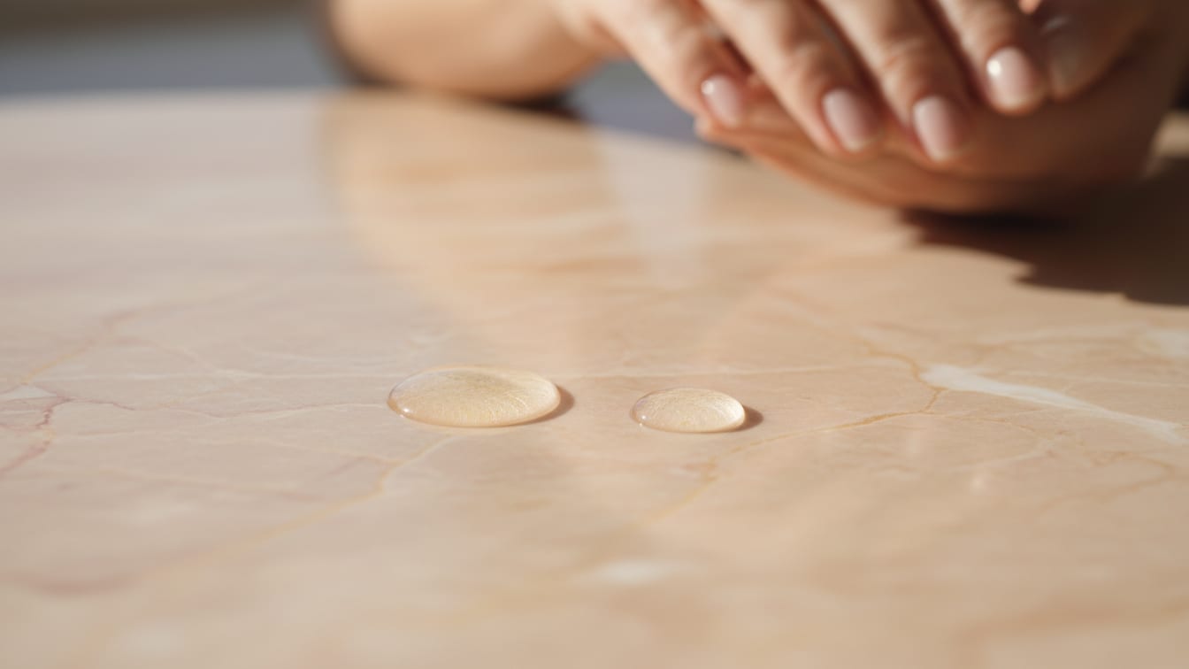 Illustration: Two clear liquid droplets of different sizes on a warm beige marble surface.