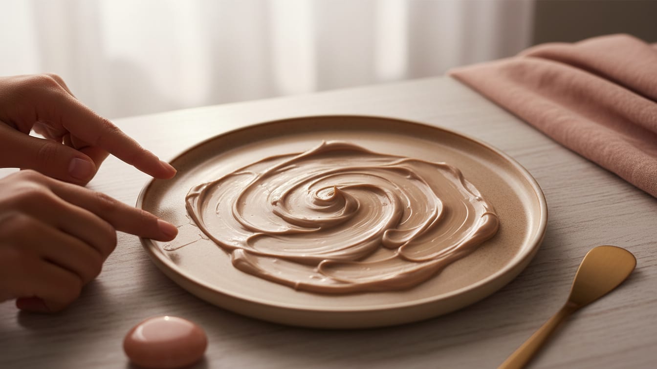Illustration: A textured cream swatch on a beige ceramic plate, illuminated by soft morning light.