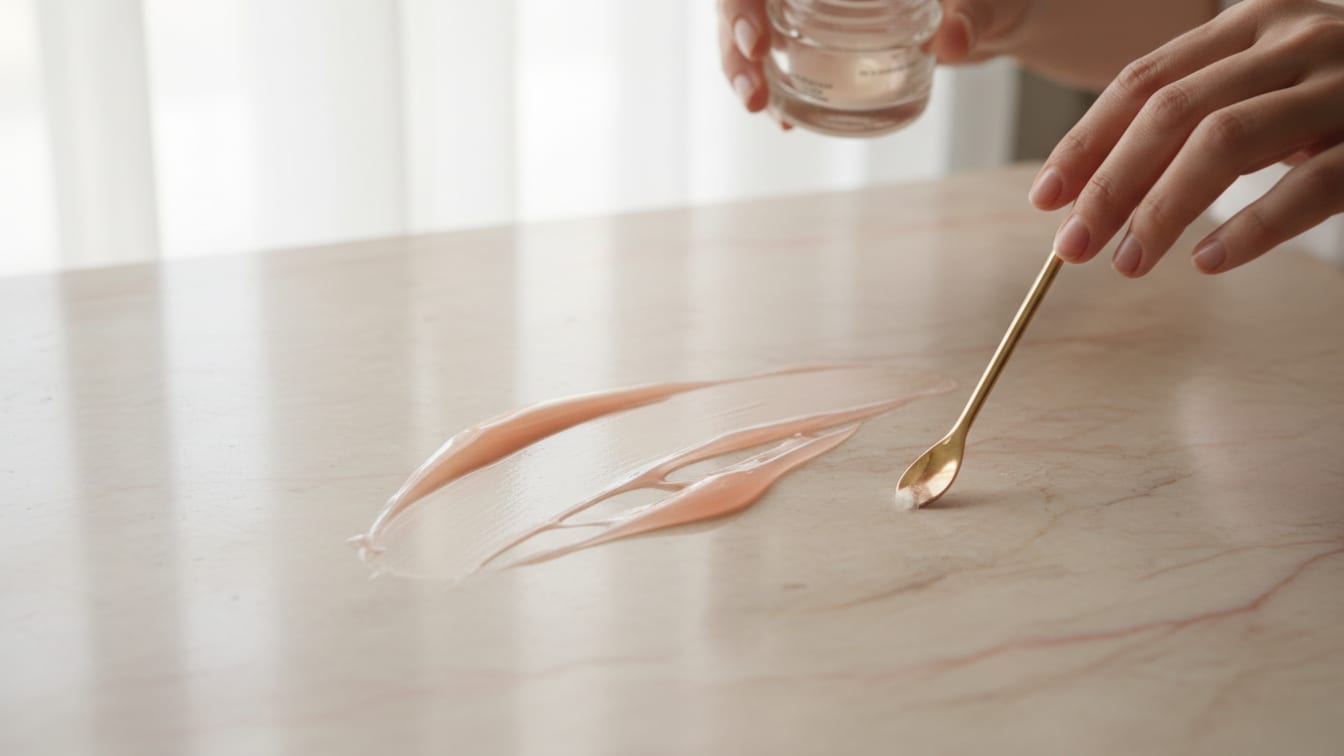 Illustration: A thin layer of eye cream on beige marble with a gold spatula in soft morning light.