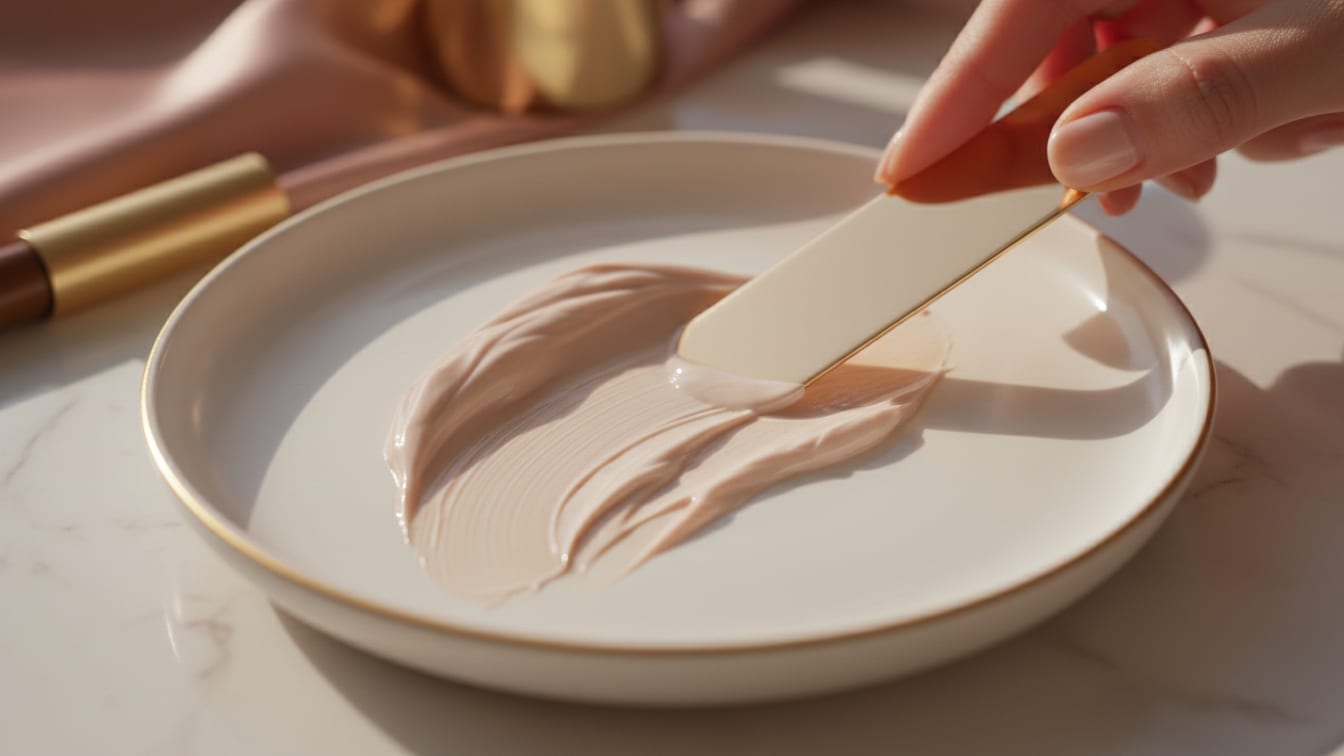 Illustration: A close-up of a pale rose-beige cream mask texture on a white ceramic dish, lit by morning light.