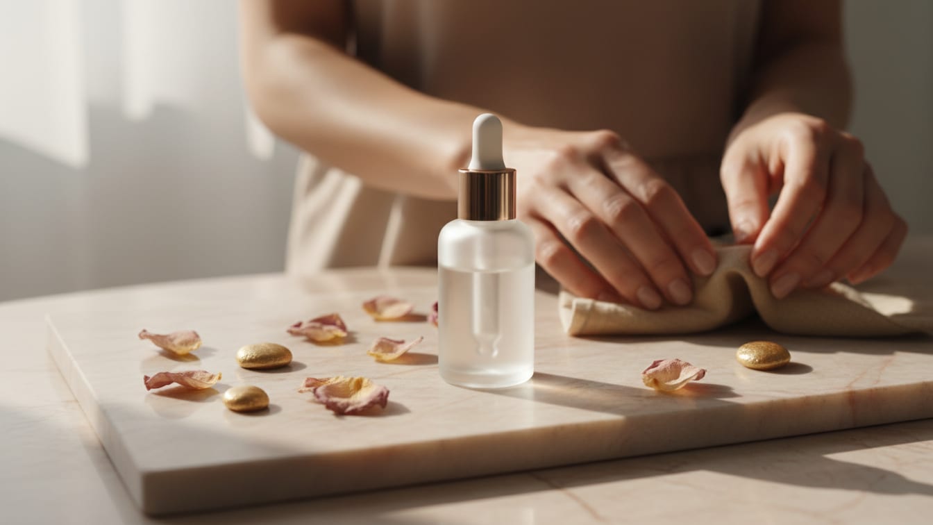 Illustration: A clear serum bottle on beige marble, softly lit by morning light.