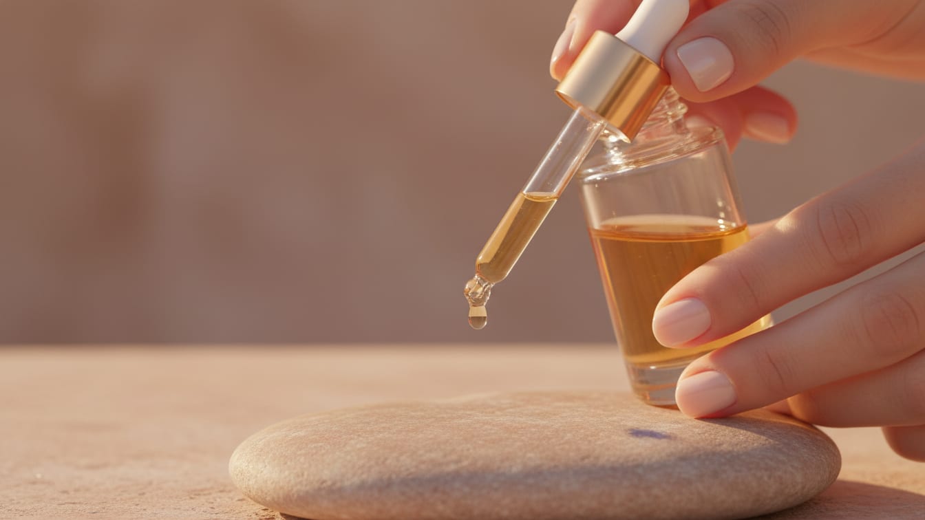 Illustration: A glass dropper with a serum droplet above a beige stone surface in morning light.