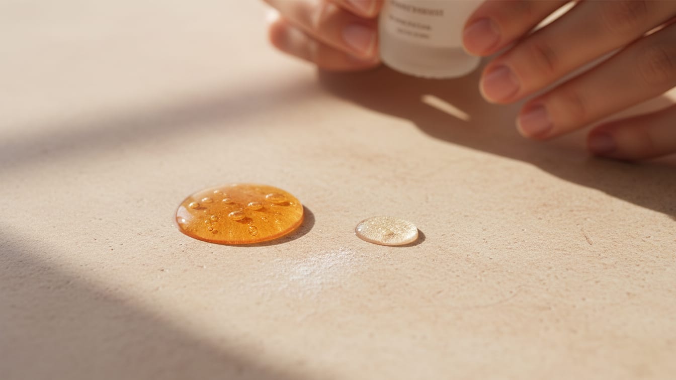 Illustration: Two distinct clear liquid drops on a warm beige ceramic tile, lit by morning light.