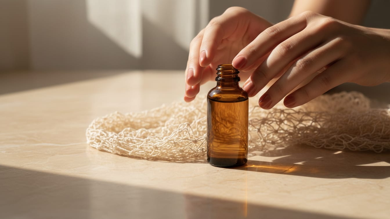 Illustration: An amber bottle on marble with a fishing net, hinting at marine-derived ingredients.